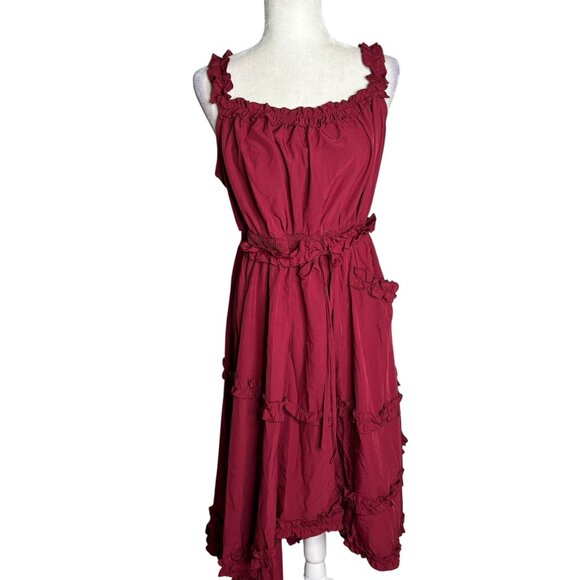 Scarlet Darkness Ruffled Midi Dress Large Red Sleeveless Goth Renaissance NEW - Picture 1 of 8